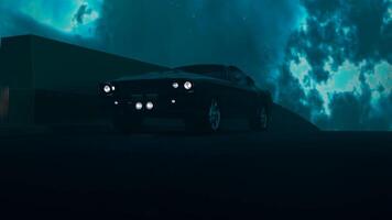 Gray backlight and blue. Design.Dark background with a fashionable foreign car created in animation with moving wheels and asphalt and clouds with light. video