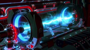 Glowing Laser beam machine. Motion. 3d engine with laser beam. Electric motor of spaceship with laser video