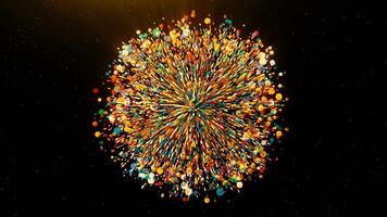 Colorful particles disappear in center of space. Motion. Temporary disappearance of colorful particles in explosion. Rewind of explosion disappearing at point in outer space video
