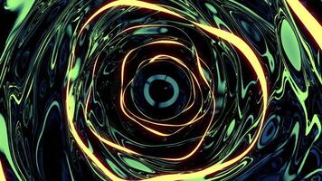 Tunnel with liquid walls and reflection. Design. Liquid mirror 3d tunnel with neon lines. Luminous reflection lines in liquid tunnel video