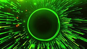 Bright rotating ring with moving beams. Motion. Colored ring rotates with bright rays moving around. Particles move in stream from ring in center video