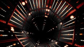 Fly through mirror tunnel with technological pattern. Design. 3D corridor with glowing lights. video