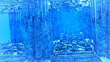 Purple and blue background. Motion. Bright cuts of broken off squares into tunnels running and spreading in different directions in the animation. video
