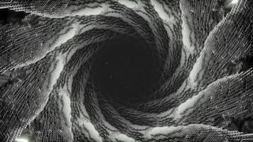 Swirling dark tunnel. Design. Black mink with twisted 3d lines. Dark tunnel with swirling lines from 3d matrix code video