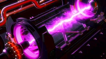 A large gust of current. Motion.A purple device in animation on which a bright gust of electricity runs. video