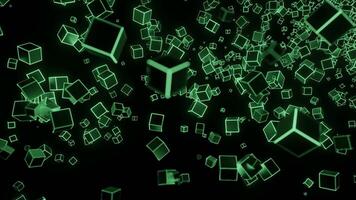 Black background. Design.Small squares of neon green are scattered in different directions in abstraction. video
