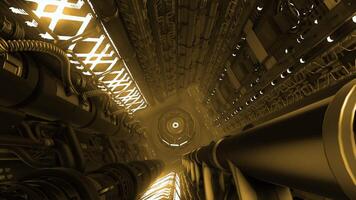 Inside futuristic canal with pipes. Motion. Technical 3d tunnel with neon lines and pipes. Pipes and wires in futuristic corridor video