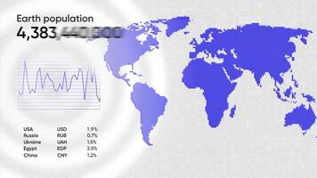 Animation showing global overpopulation around the planet with graphics. Motion. Earth map and growing number of people. video