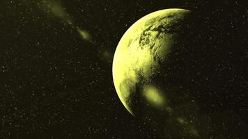 Black background. Motion.A yellow moon in cartoon animation rotating around its axis and next to which small stars shine. video