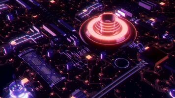 lindo 3d animação do a placa mãe com luz sinais. movimento. colorida o circuito borda com néon luzes e botões. video