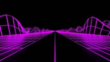 Retro-style virtual road. Design. Cyber animation with neon road and mesh hills. Futuristic animation with neon road for game racing video