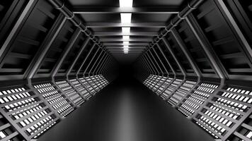Futuristic 3d corridor with metal walls. Design. 3D corridor in spaceship with neon lights. Realistic corridor in spaceship video
