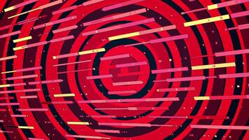 Red background. Motion.Large circles of black color in the animation on which yellow and red rectangles fly. video