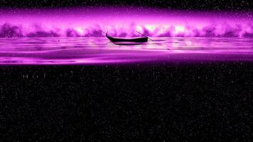Bright landscape . Design. Purple and black background with a view of the ocean and a black small boat with oars. video