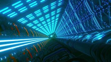 Blue background. Motion.A bright illuminated corridor with glowing lights inside that moves and spins forward in abstraction. video