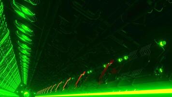 Tunnel with technological neon details. Motion. Spaceship-style tunnel with neon details. Duct of ventilation system in futuristic style video