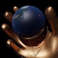 Planet earth rotates in hand. Design. 3D animation with rotating planet Earth in golden hand. Sign of Masons on hand with planet. Mysterious sign of Masons or Illuminati. Secret communities video