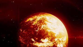 Abstract spinning red unknown planet on outer space background. Motion. Breathtaking cosmic background with the sun. video