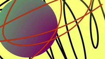 Yellow and white background. Motion.A red and purple circle that appear and taper and draw black lines in waves in animation. video