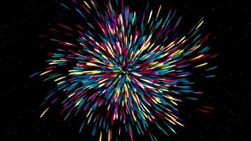 Bright emission of lines on a black background. Motion. Abstract multicolored lines spreading in space on a black background. video