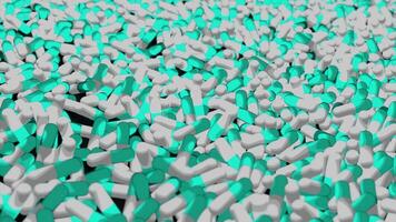 Lots of pills on black background. Design. A lot of 3d tablets are moving on surface. Wave of pills. Pills prescribed by doctors or antidepressants video