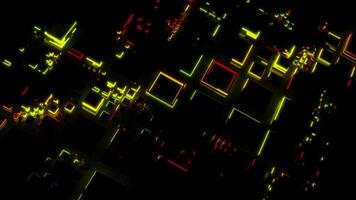 Dark background with backlight. Design.Yellow and blue outline with illuminated squares of different sizes in the animation that are highlighted in turn. video
