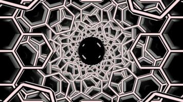 3D tunnel with hexagons and moving black hole. Design. Tunnel of 3d honeycombs with moving black liquid at end. Filling tunnel of honeycombs with black liquid video