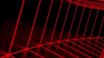 Moving tunnel with neon lines. Design. Geometric tunnel with smooth lines in virtual space. Striped square tunnel is moving fast video