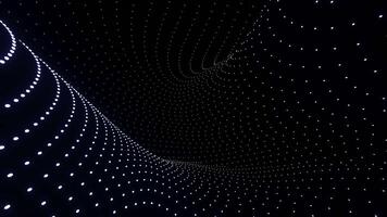 3D space with curving flow of dots. Design. Futuristic space with curving lines in flow. Dotted lines move in geometric curves on black background video