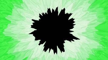 Fluorescent bright background with black hole surrounded by white and green rotating texture. Design. Spinning optical illusion with pulsating shapes. video