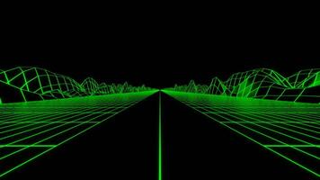 Retro futuristic synthwave grid background with hills on a black endless space. Design. Fast drive with a road and grid. video