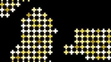 Background with mosaic symbols moving on black background. Design. Neon pluses move in retro style. Glowing crosses move in mosaic chain video