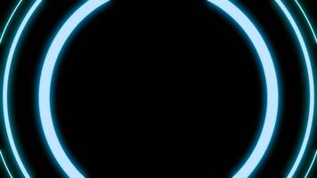 Neon circles pulsate on black background. Design. Bright rings pulsate and blink. Neon rings move and appear from center. Futuristic animation and musical beat video
