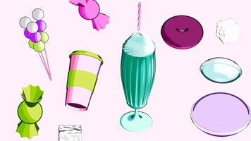 Background with moving 3d sweets. Design. Bright 3d sweets move with colorful background. Delicious sweet animation with 3d sweets video