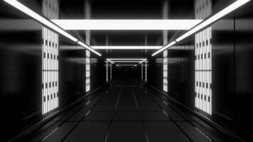 Red and gray dark corridor with lighting. Design.A spacious room in an abstraction that moves inwards and is decorated with different bright rays. video