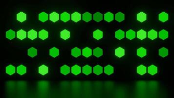 Background of flashing hexagons. Design. Glowing hexagons with reflection on surface of black background. Geometric background with glowing hexagons video