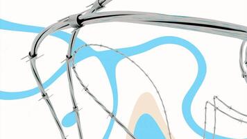 Animation with 3d wire and lines. Design. 3D wire with barbed needles on background of lines. Barbed wire for prison walls video