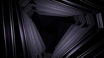 Triangular 3d tunnel. Design. Moving triangular tunnel with darkness. 3d tunnel with metal triangular walls on background of darkness video
