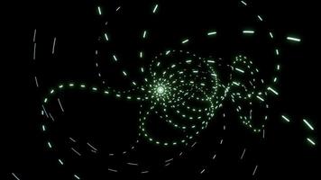Abstract curving lines of short neon segments flying on a black background. Design. Small stripes spreading from one spherical object. video