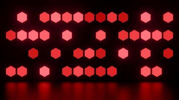 Abstract red stage lights flashing on a black background. Design. Hexagonal light bulbs blinking randomly. video