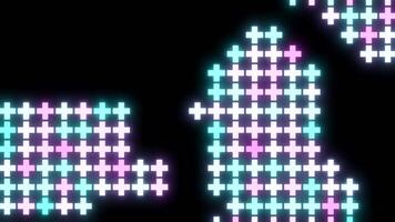 Background with mosaic symbols moving on black background. Design. Neon pluses move in retro style. Glowing crosses move in mosaic chain video