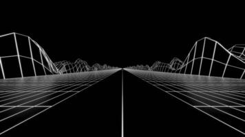 Black background . Design. Bright white grids that create mountains and roads in animation. video