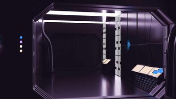 Futuristic 3d corridor with metal walls. Design. 3D corridor in spaceship with neon lights. Realistic corridor in spaceship video
