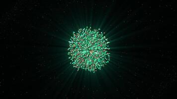 Colorful explosion of particles forming bright object. Motion. Cosmic explosion of colorful dense particles. Bright 3d particles form dense bright ball video