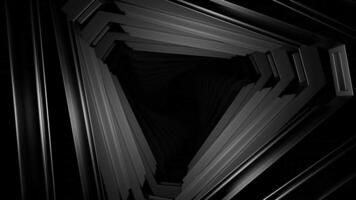 Entering into monochromatic triangular space tunnel. Motion. 3d moving black and white corridor. video