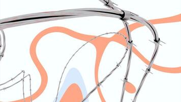 Colorful abstraction with stains and a barbed wire. Design. Curved metal wire with thorns with orange and blue pattern on a white background. video