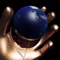 A bright golden glove holding the earth. Design.A bright blue mock-up of the earth that rotates around its axis held by a gilded hand in animation. video