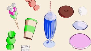 Still life of sweets. Design.A white background on which sweet various desserts in animation rotate in different directions. video
