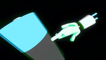 Black background. Design.A bright green robot in animation walking around a small object with a picture of a cross. video