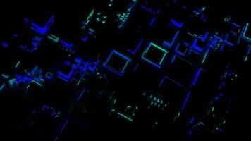 Dark background with backlight. Design.Yellow and blue outline with illuminated squares of different sizes in the animation that are highlighted in turn. video